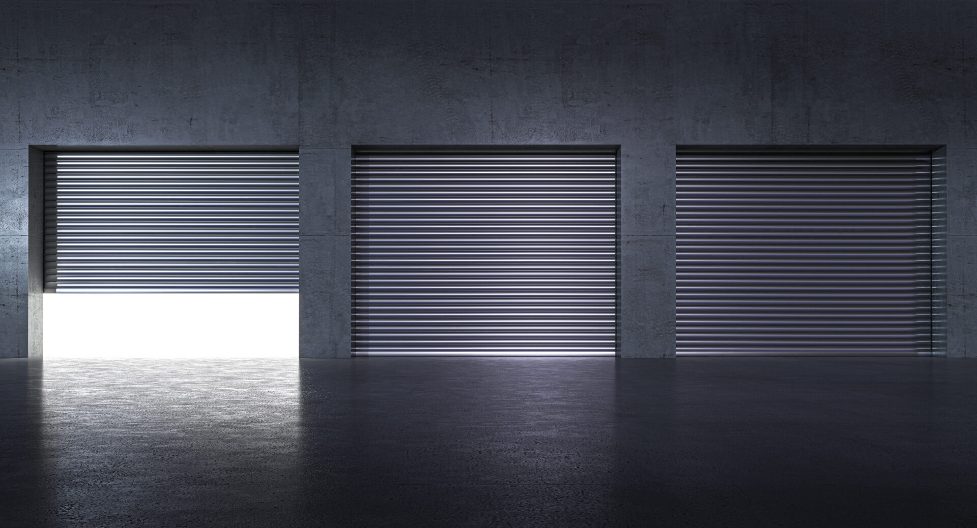 garages with metal shutters and concrete wall, light inside. 3d render